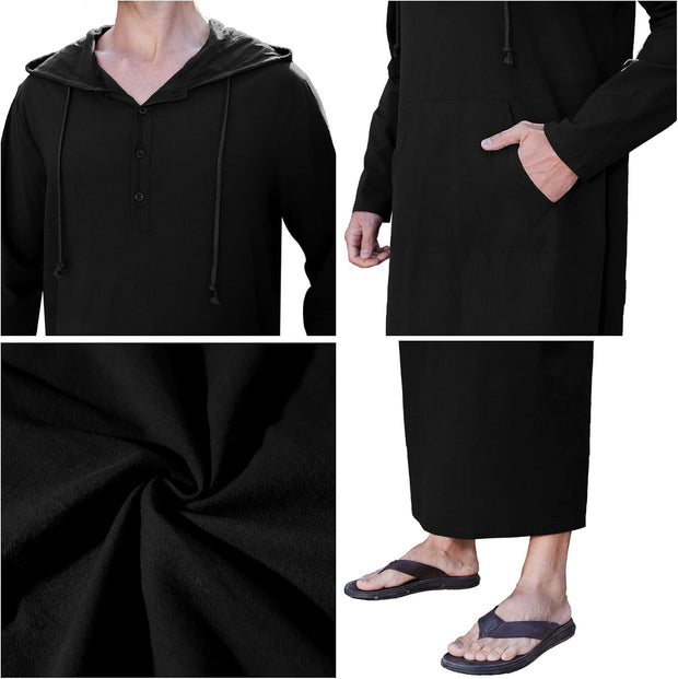 Kaftan for Men Long Sleeve Muslim Thobe for Men Big and Tall Kaftan with Hoodie