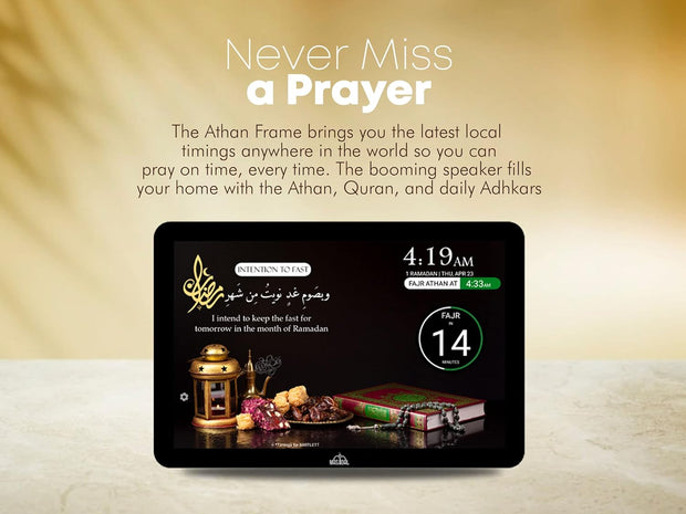 10" Digital Azan Clock with Wifi, Dynamic Touch Screen, Worldwide Prayer Times, Full Quran Player, Islamic Art, Streaming Halal Muslim Content: Duas, Dhikr, Hadith, Surah of the Day, Black