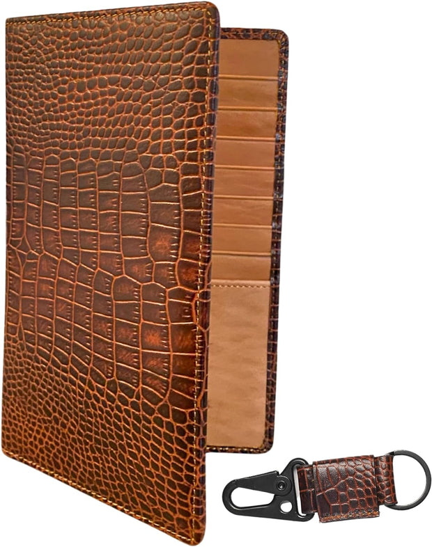 Long Bifold Wallets for Men Women - Tall Crocodile Shaped Genuine Leather Wallet - Gift for Traveller to Keep Passport, Cash, Credit Cards and Photo ID - With Key Ring and Gift Box